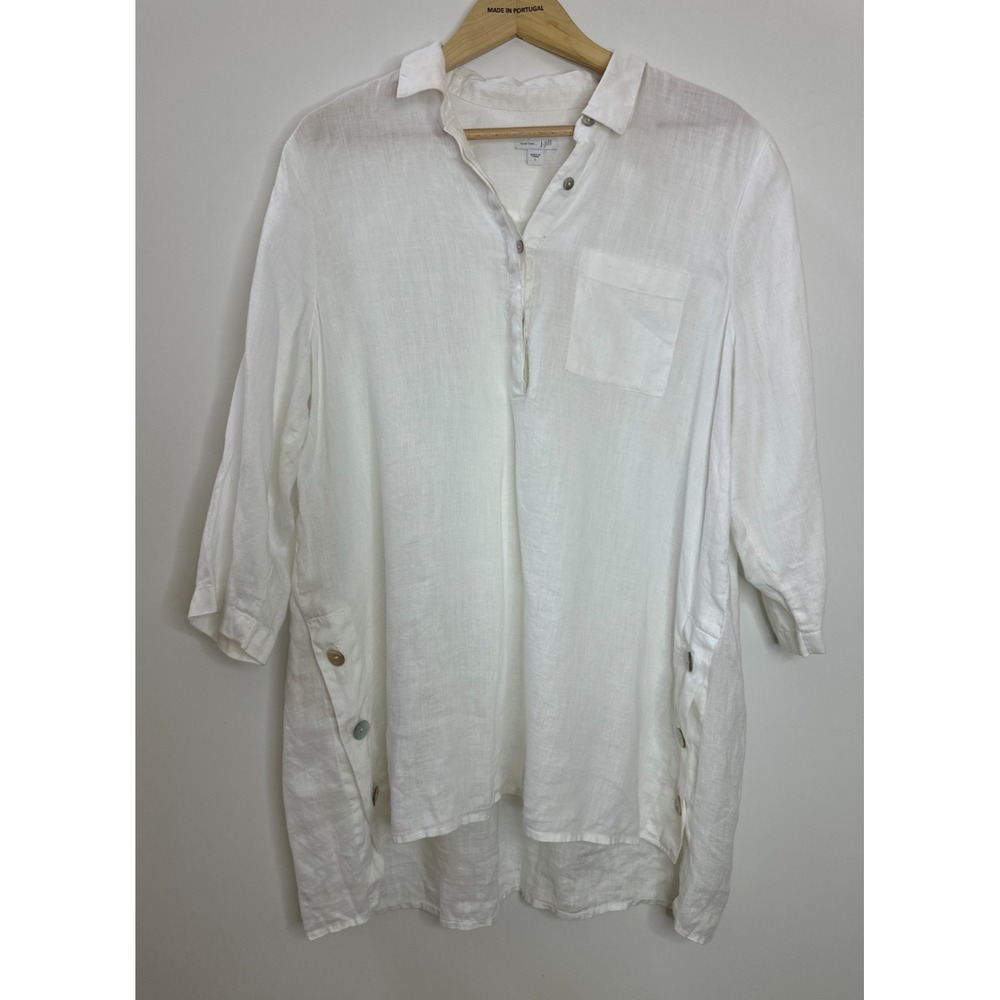 J. Jill Love Linen White Button Side Tunic Top Large Lagonlook Resort Coastal - Picture 2 of 10